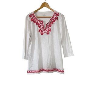 Talbots White Red Paisley Embroidered Pattern 3/4 Sleeve Bohemian Tunic Blouse